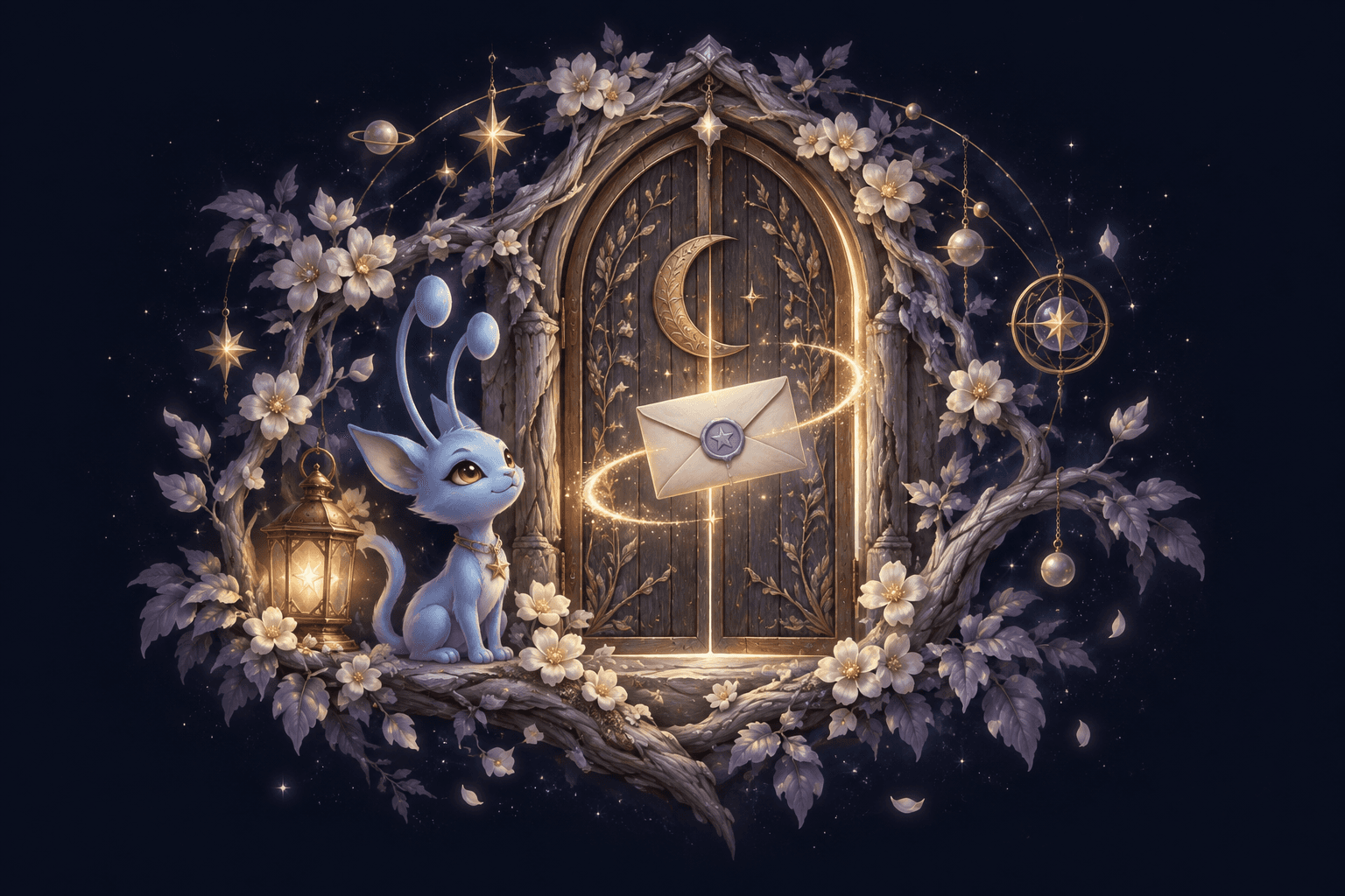 An Aisha waits beside a moonlit doorway as a sealed invitation floats in a trail of golden stardust.