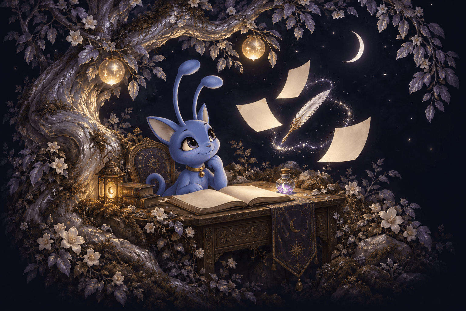 A blue Aisha tends an enchanted manuscript as a floating quill and starlit pages dance beneath a silver orchard tree.