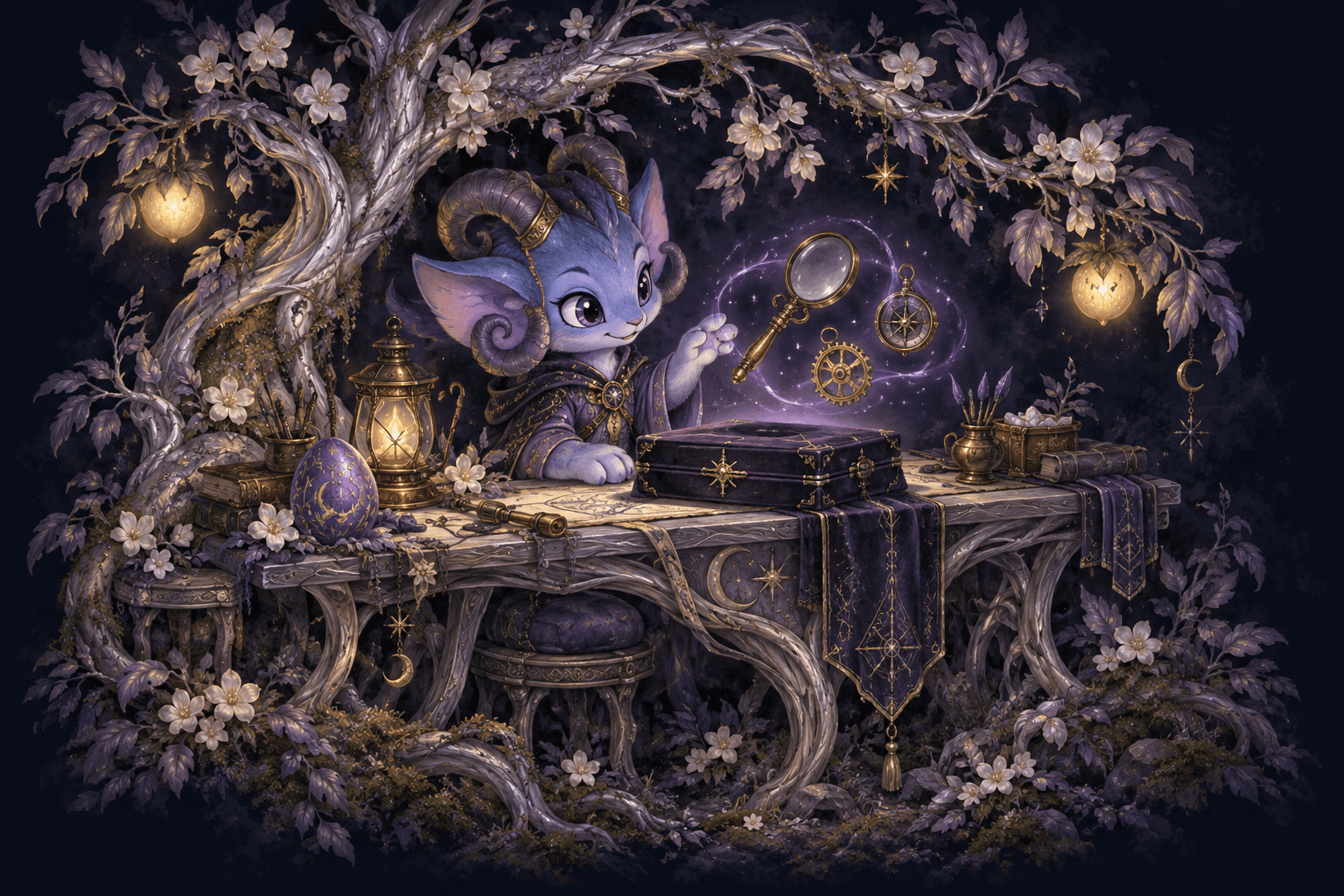 A blue Acara works beneath silver orchard branches as a golden compass, magnifying glass and tiny gear float above an enchanted tool case.