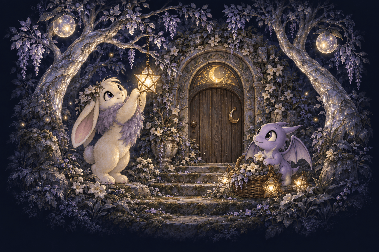 A Cybunny hangs a star lantern while a lavender Shoyru gathers flowers outside the moonlit guild hall’s closed door.